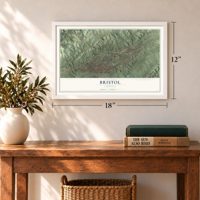 Bristol, Virginia map, 12 x 18 inch print in a white frame in an entryway