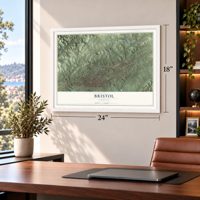 Bristol, Virginia map, 18 x 24 inch print in a white frame in a home office
