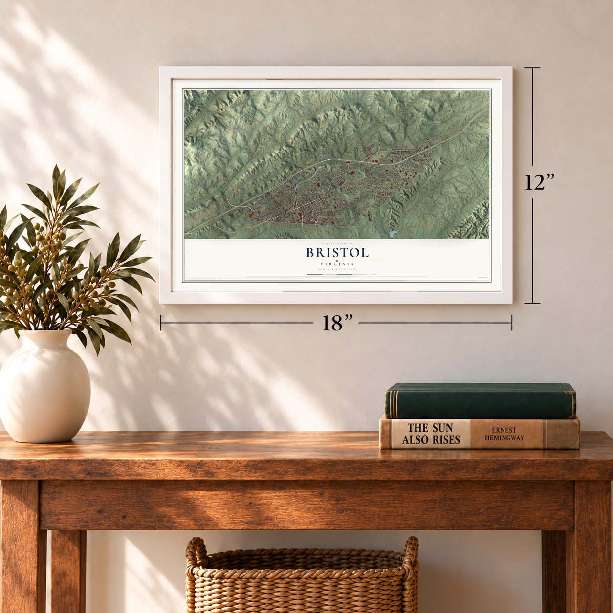Bristol, Virginia map, 12 x 18 inch print in a white frame in an entryway