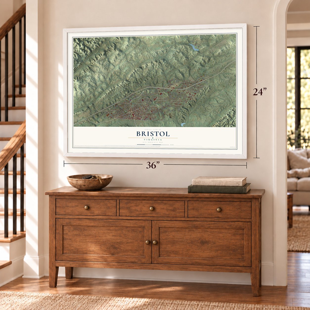 Bristol, Virginia map, 24 x 36 inch print in a white frame above a dresser by a staircase
