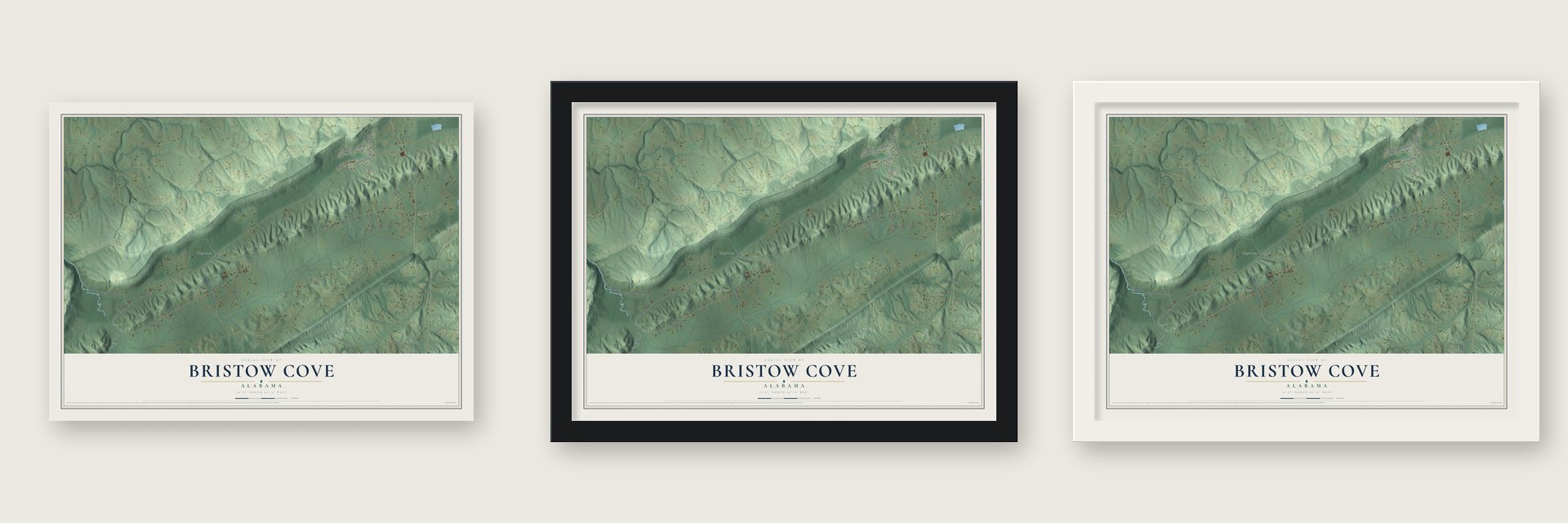 Bristow Cove, Alabama map unframed, in a black wood frame and in a white wood frame