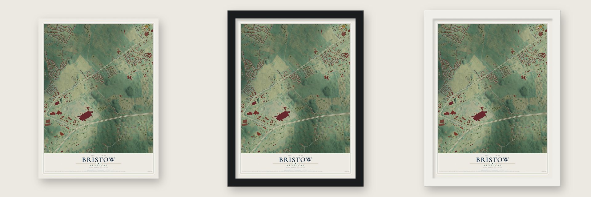 Bristow, Kentucky map unframed, in a black wood frame and in a white wood frame