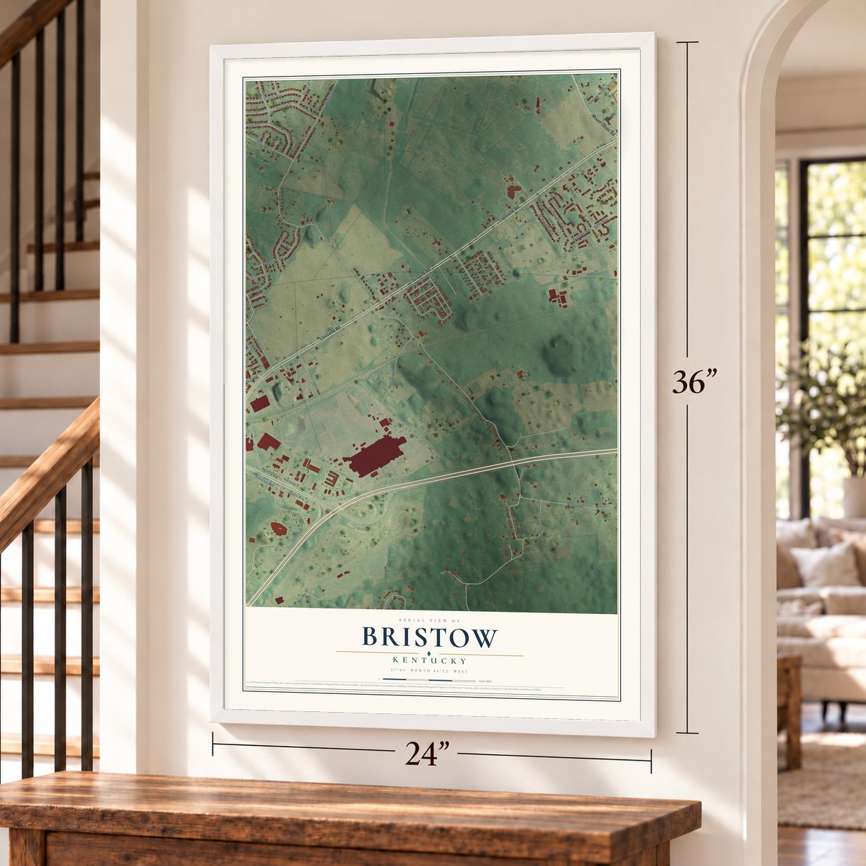 Bristow, Kentucky map, 24 x 36 inch print in a white frame by a staircase