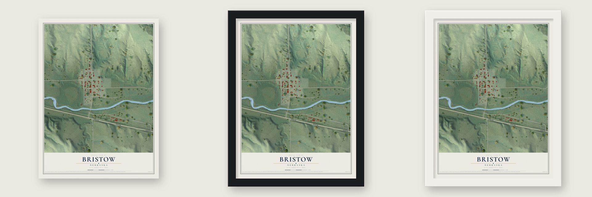 Bristow, Nebraska map unframed, in a black wood frame and in a white wood frame