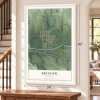 Bristow, Nebraska map, 24 x 36 inch print in a white frame by a staircase