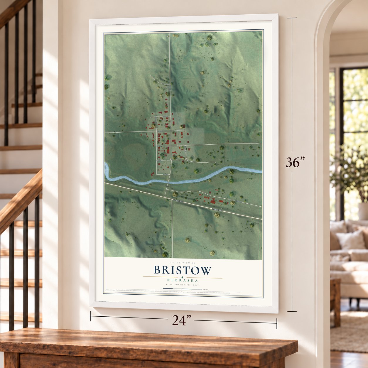 Bristow, Nebraska map, 24 x 36 inch print in a white frame by a staircase