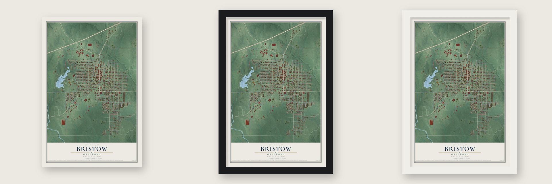 Bristow, Oklahoma map unframed, in a black wood frame and in a white wood frame