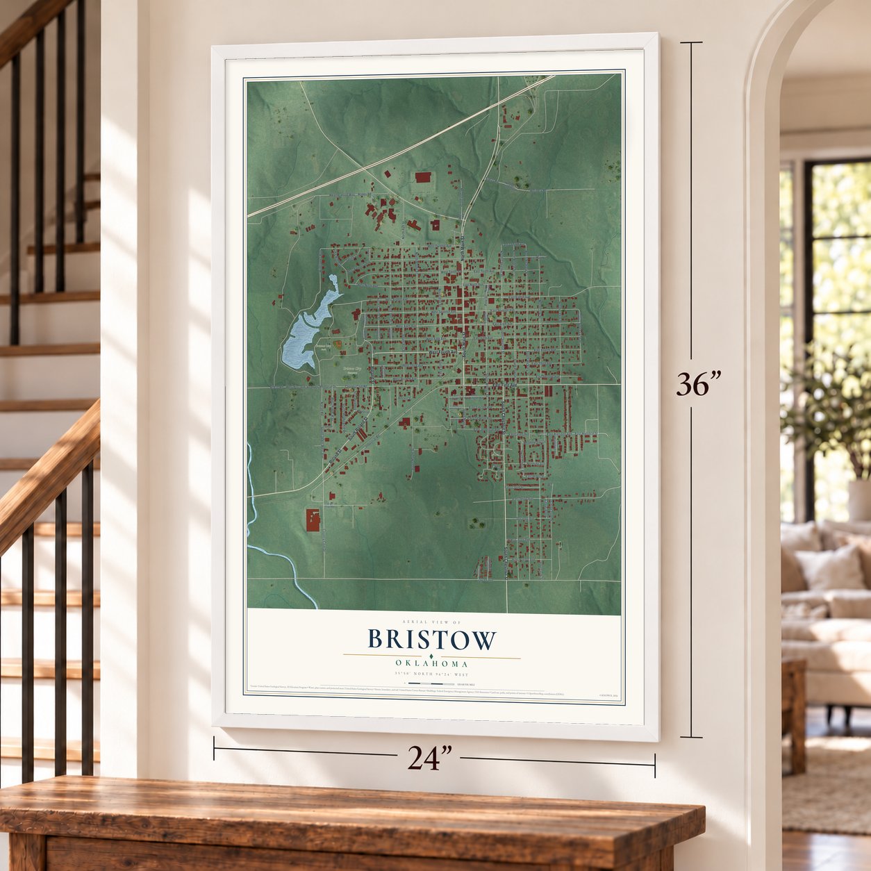Bristow, Oklahoma map, 24 x 36 inch print in a white frame by a staircase