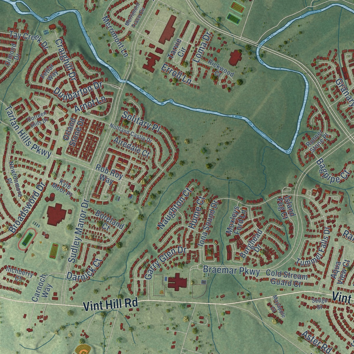 Second close-up of the map of Bristow, Virginia print showing more streets and buildings