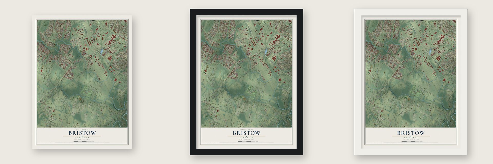 Bristow, Virginia map unframed, in a black wood frame and in a white wood frame