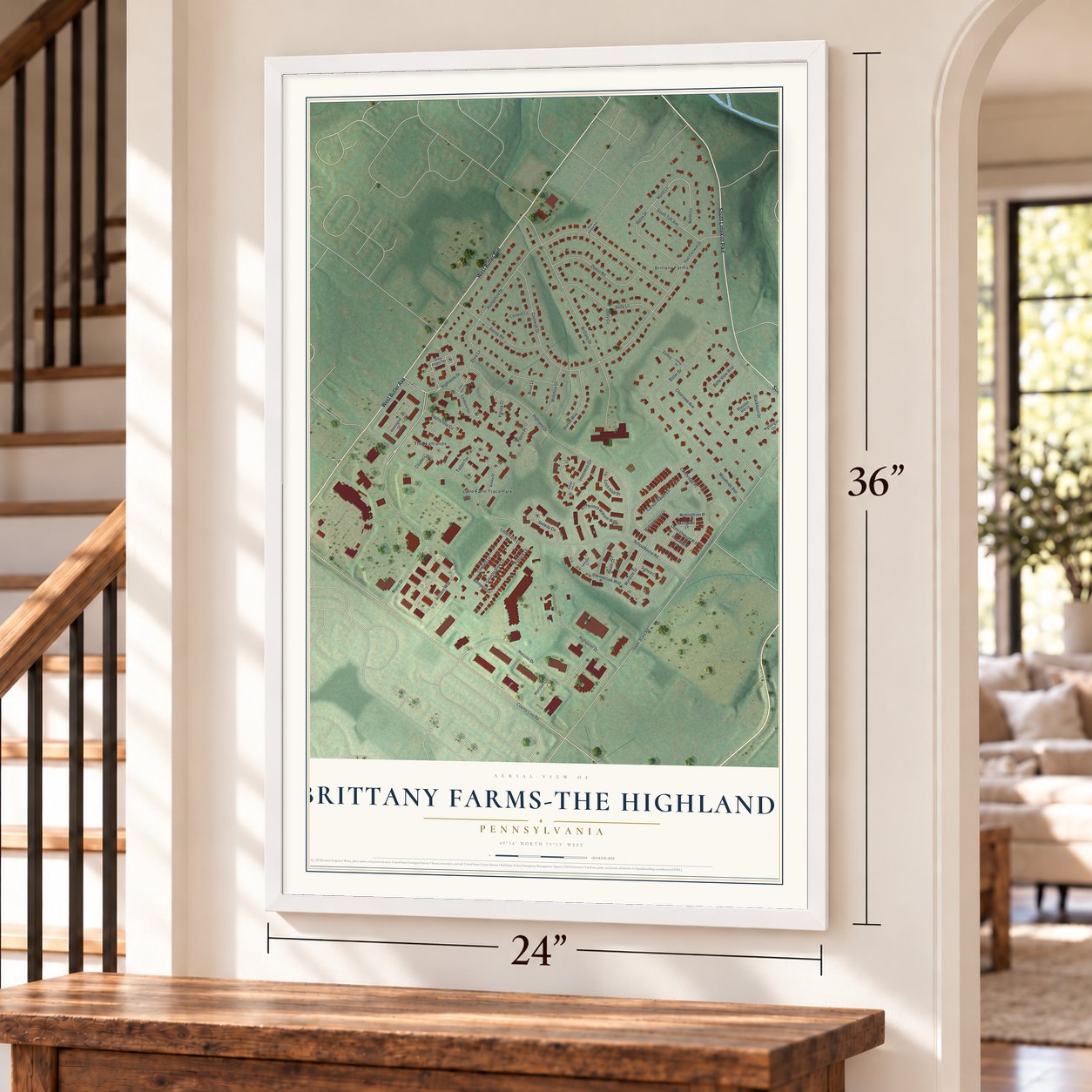 Brittany Farms-The Highlands, Pennsylvania map, 24 x 36 inch print in a white frame by a staircase