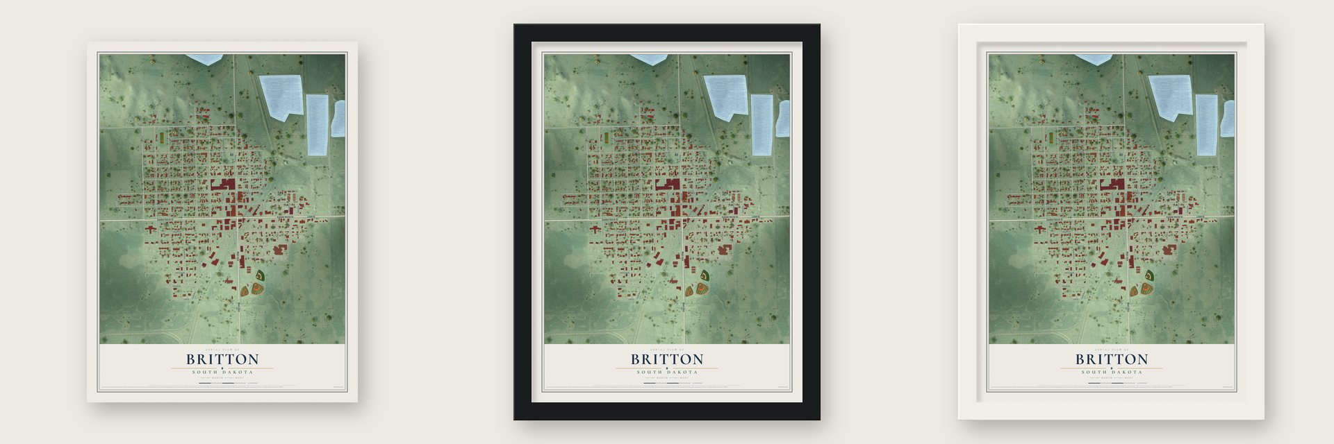 Britton, South Dakota map unframed, in a black wood frame and in a white wood frame