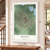 Britton, South Dakota map, 24 x 36 inch print in a white frame by a staircase