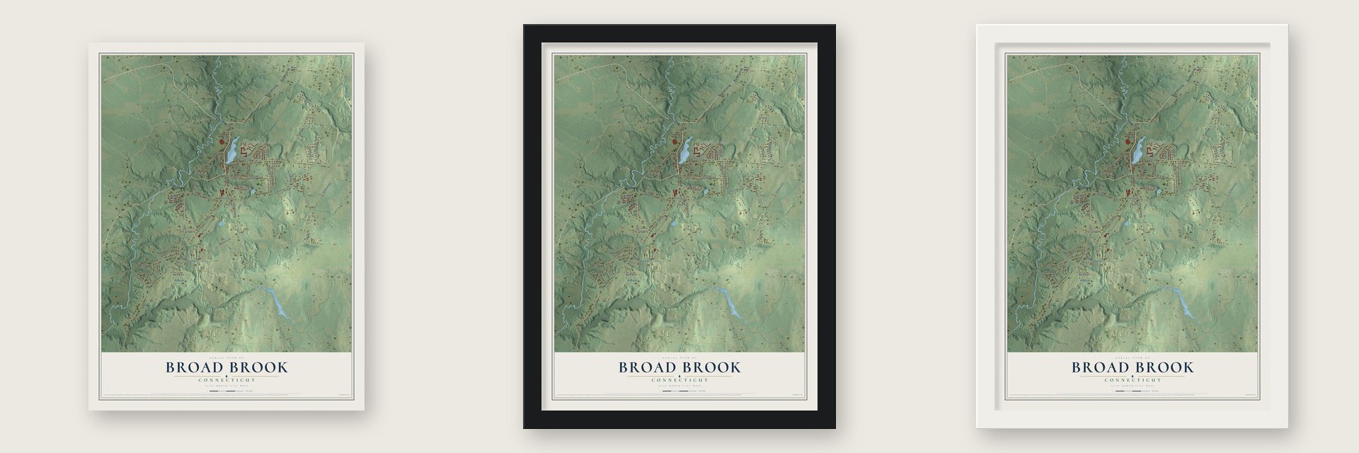Broad Brook, Connecticut map unframed, in a black wood frame and in a white wood frame