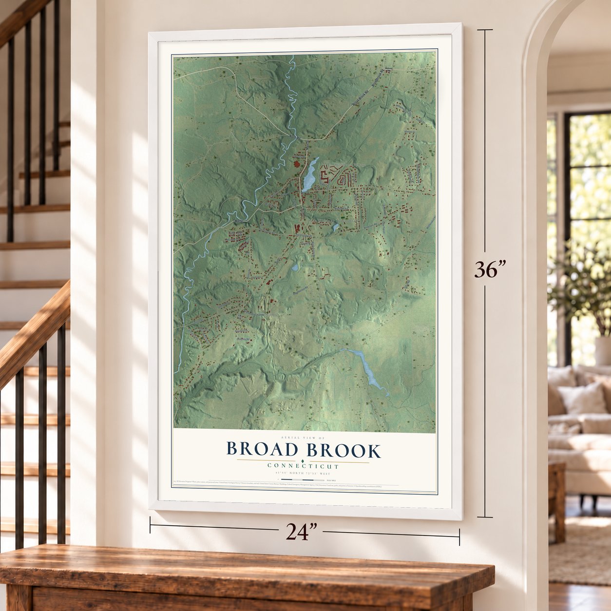 Broad Brook, Connecticut map, 24 x 36 inch print in a white frame by a staircase