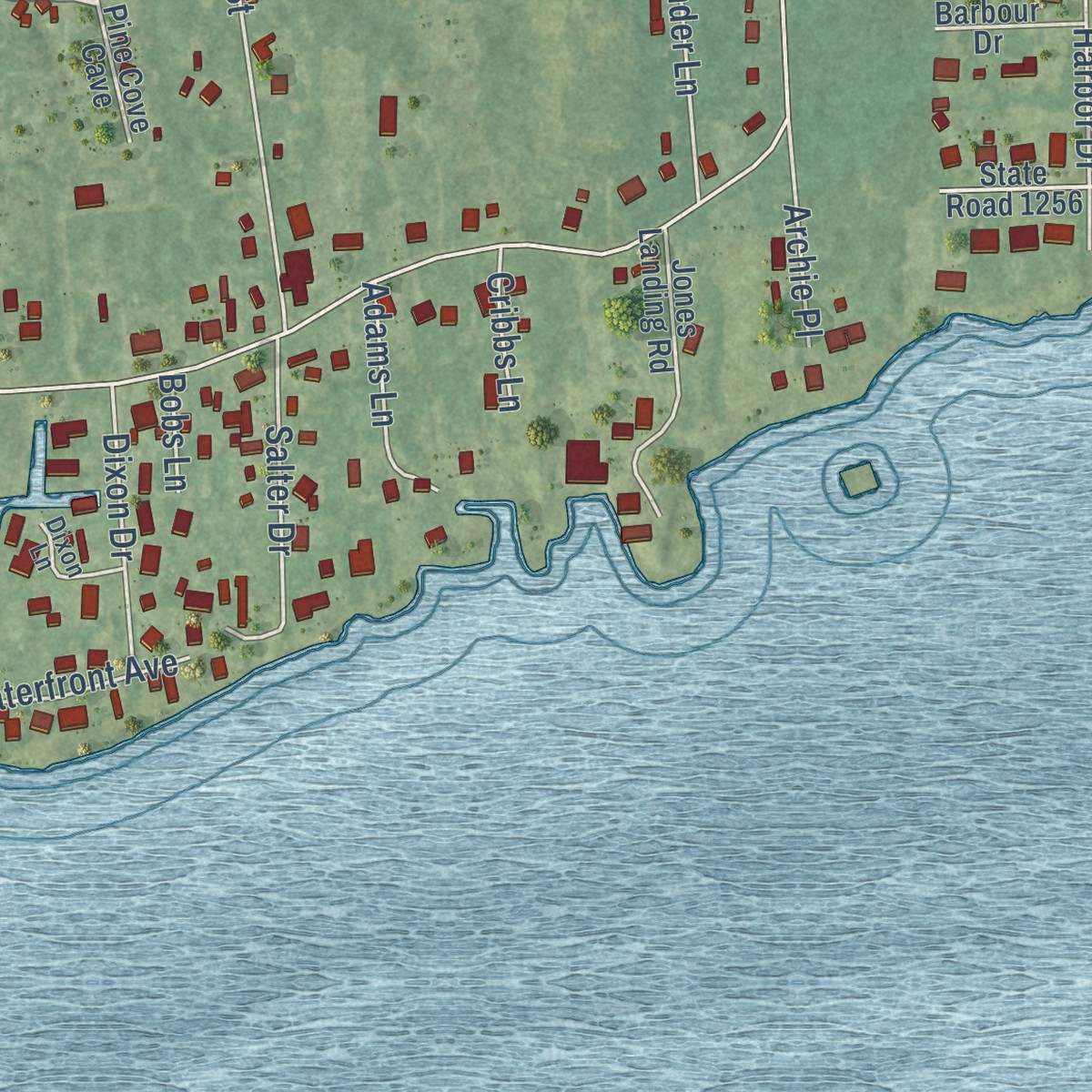 Second close-up of the map of Broad Creek, North Carolina print showing more streets and buildings