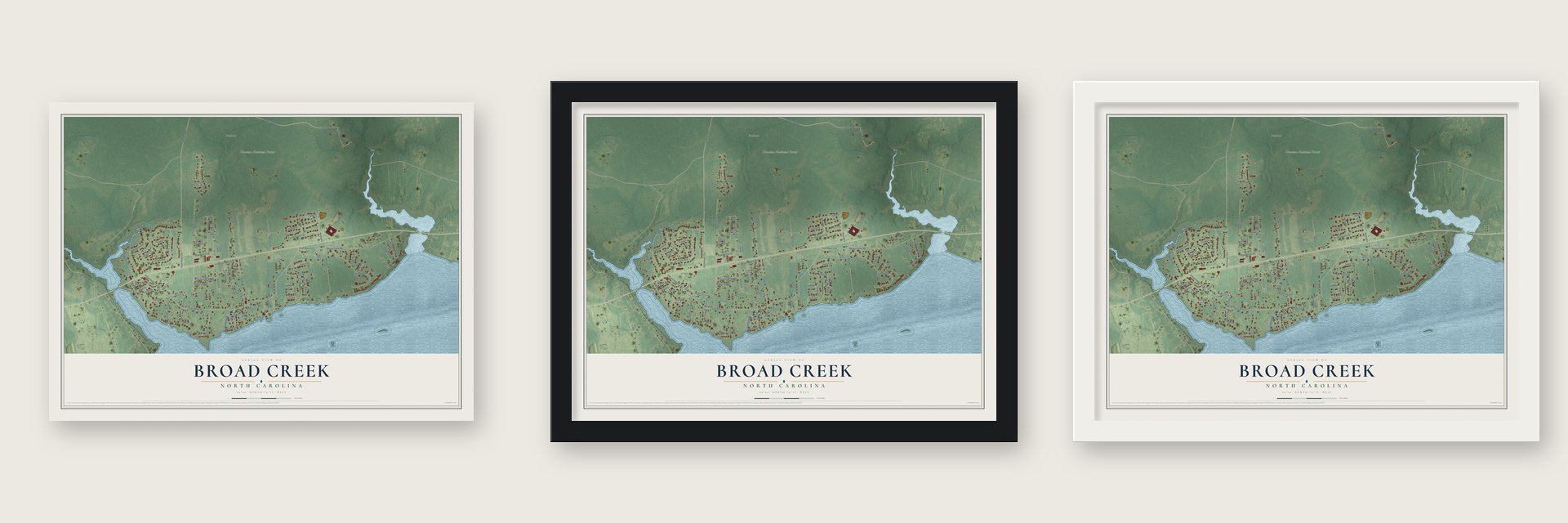 Broad Creek, North Carolina map unframed, in a black wood frame and in a white wood frame