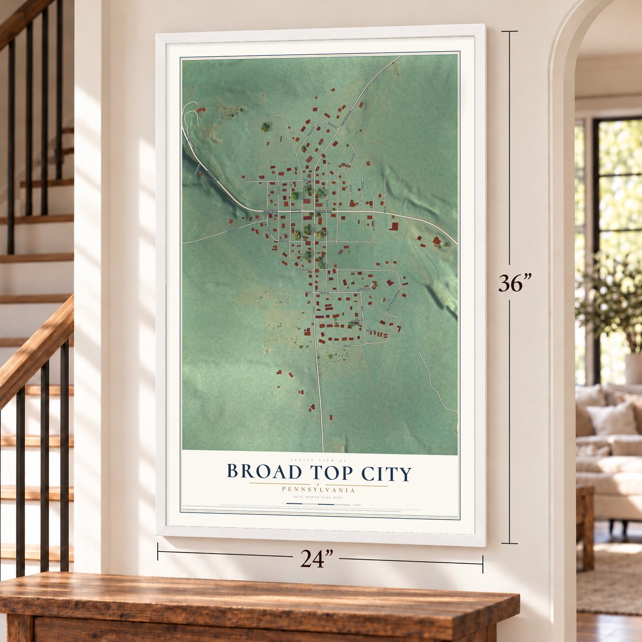 Broad Top City, Pennsylvania map, 24 x 36 inch print in a white frame by a staircase