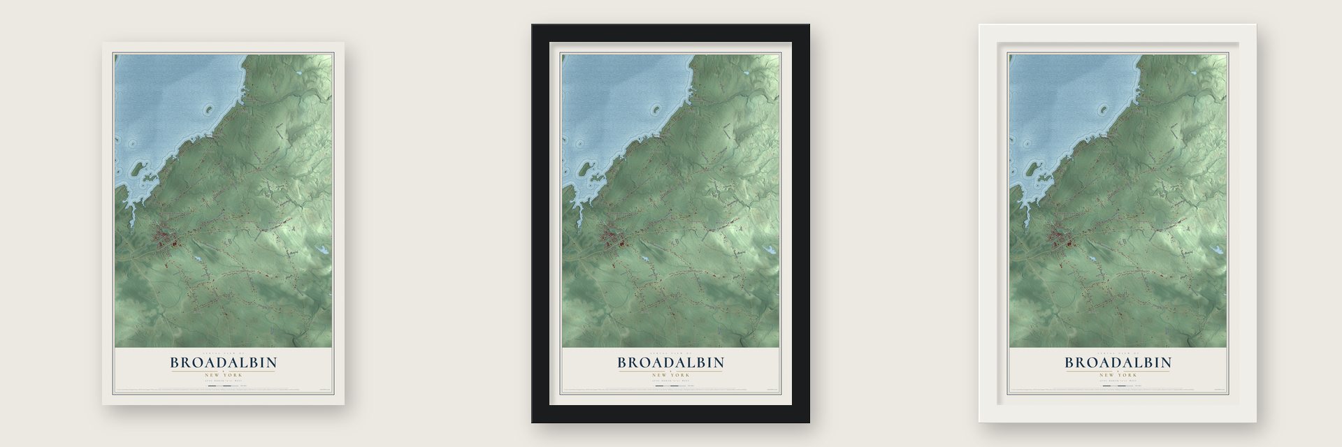 Broadalbin, New York map unframed, in a black wood frame and in a white wood frame