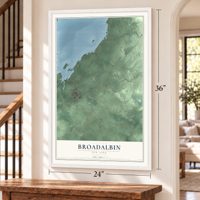 Broadalbin, New York map, 24 x 36 inch print in a white frame by a staircase