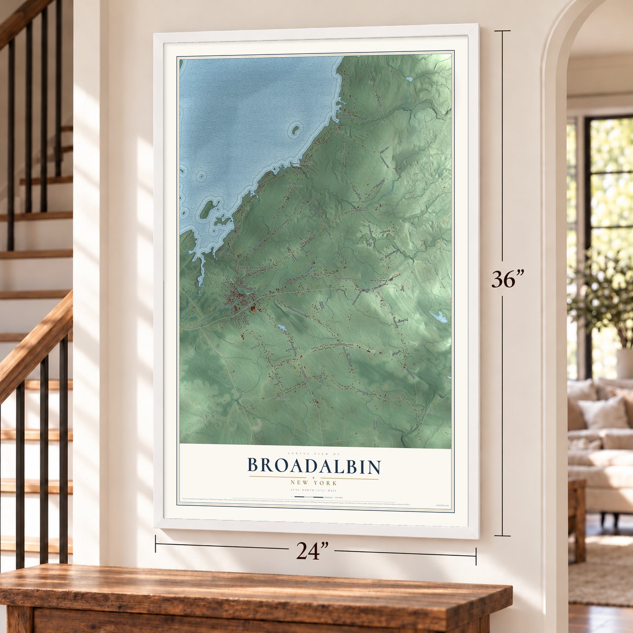 Broadalbin, New York map, 24 x 36 inch print in a white frame by a staircase