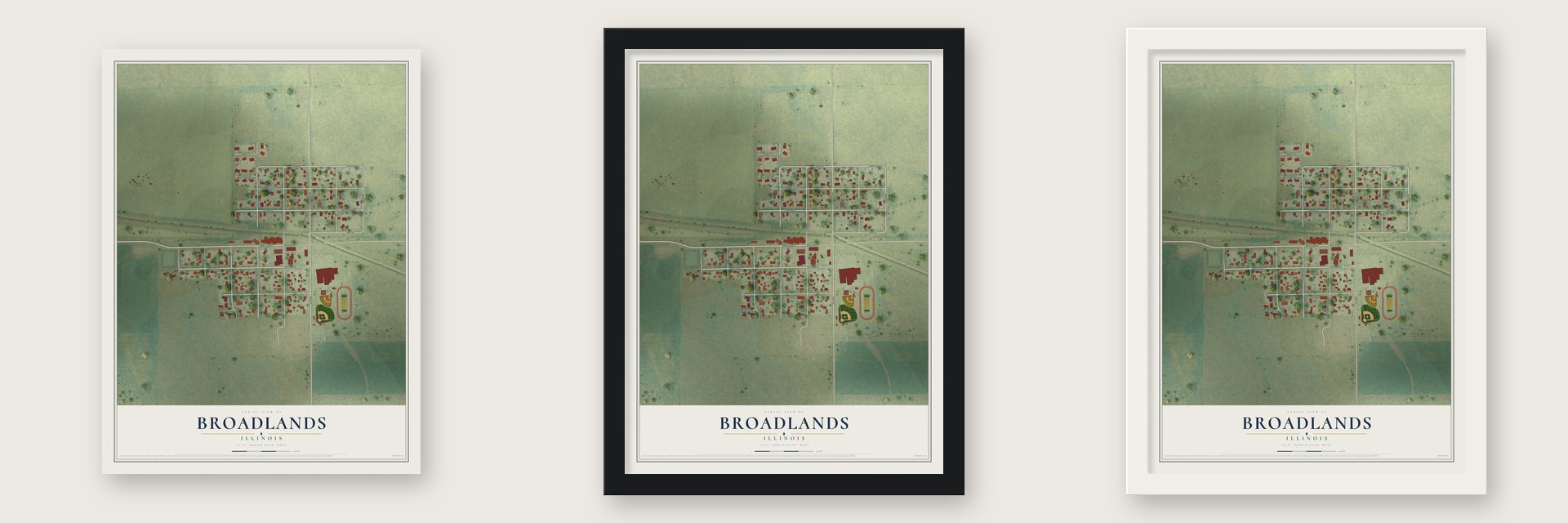 Broadlands, Illinois map unframed, in a black wood frame and in a white wood frame
