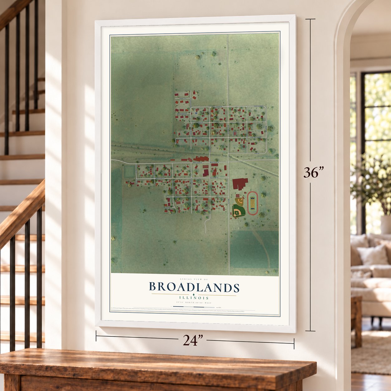 Broadlands, Illinois map, 24 x 36 inch print in a white frame by a staircase