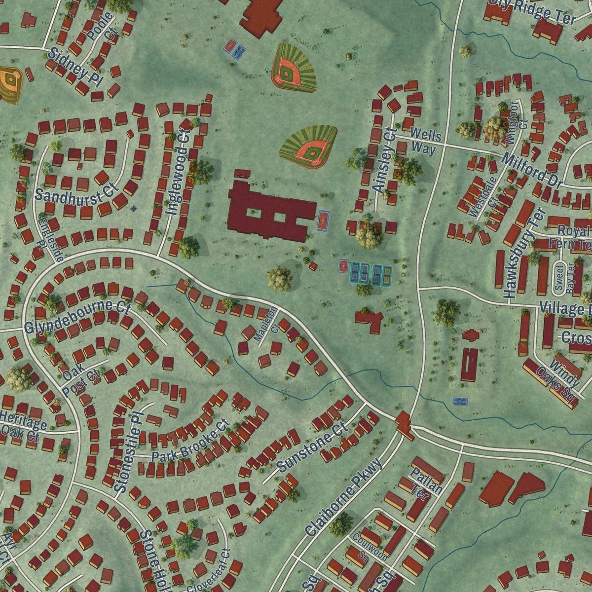 Second close-up of the map of Broadlands, Virginia print showing more streets and buildings