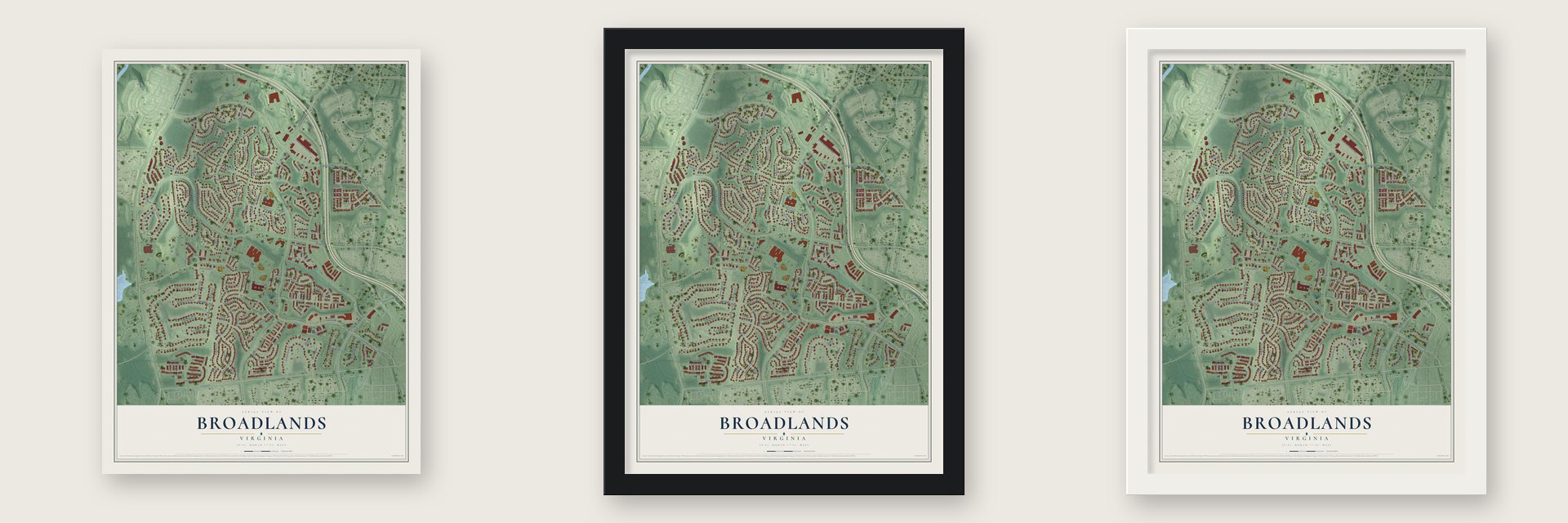 Broadlands, Virginia map unframed, in a black wood frame and in a white wood frame