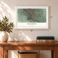 Broadmoor, California map, 12 x 18 inch print in a white frame in an entryway