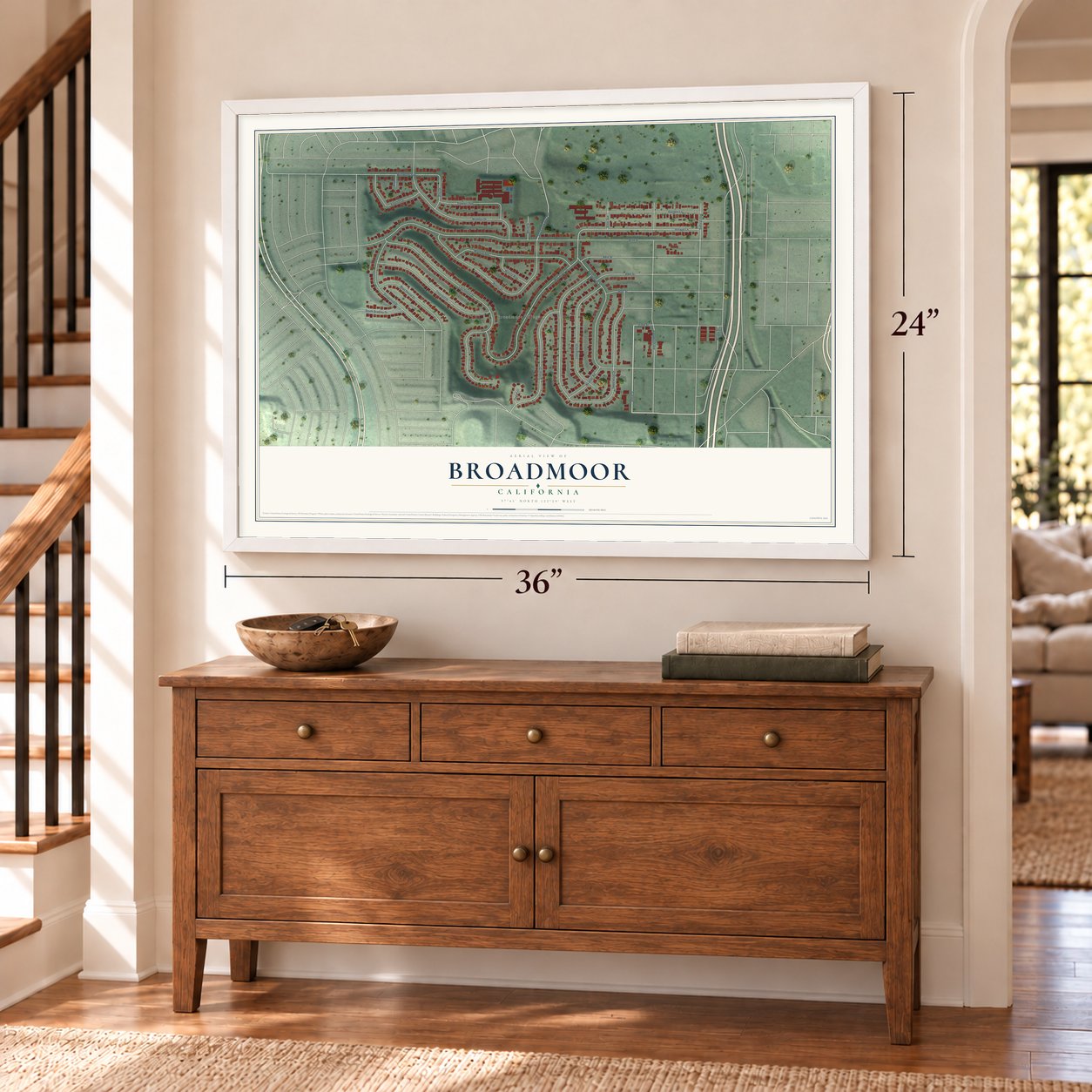 Broadmoor, California map, 24 x 36 inch print in a white frame above a dresser by a staircase
