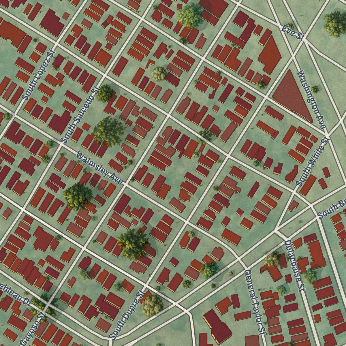 Second close-up of the map of Broadmoor, Louisiana print showing more streets and buildings