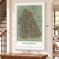 Broadmoor, Louisiana map, 24 x 36 inch print in a white frame by a staircase