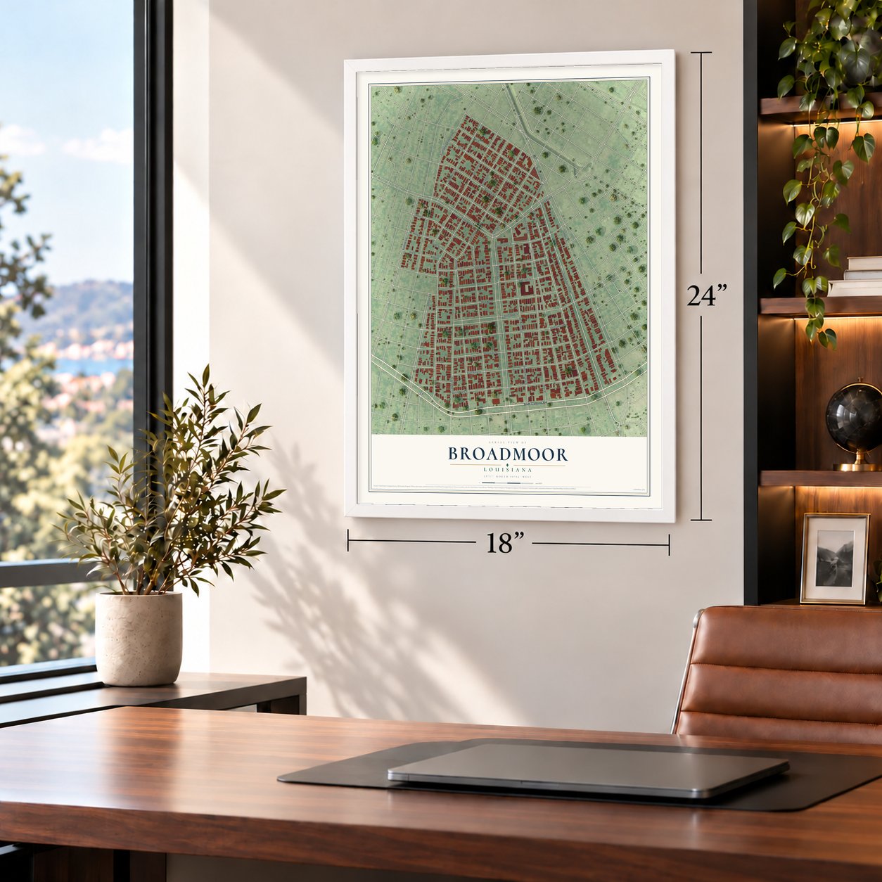 Broadmoor, Louisiana map, 18 x 24 inch print in a white frame in a home office
