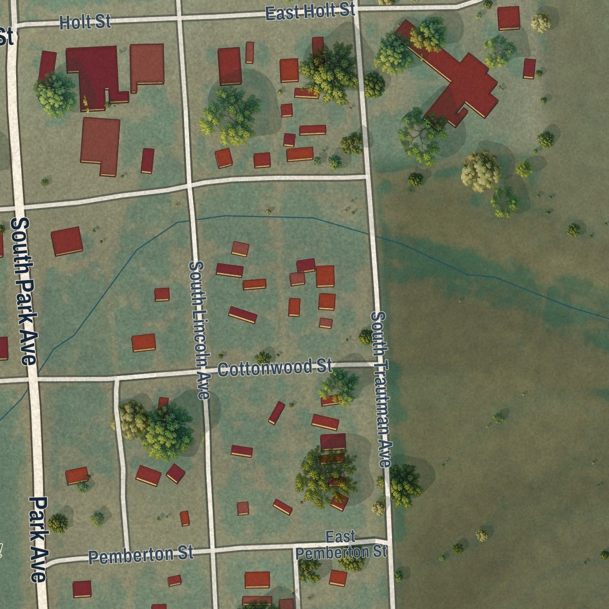 Second close-up of the map of Broadus, Montana print showing more streets and buildings
