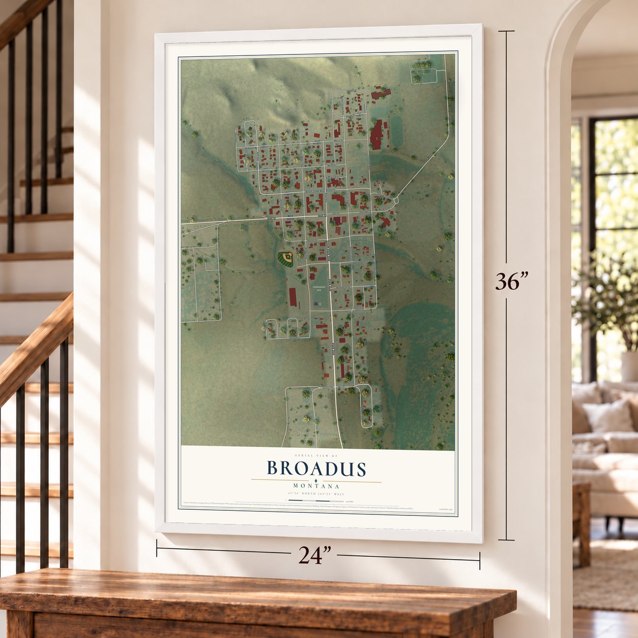 Broadus, Montana map, 24 x 36 inch print in a white frame by a staircase