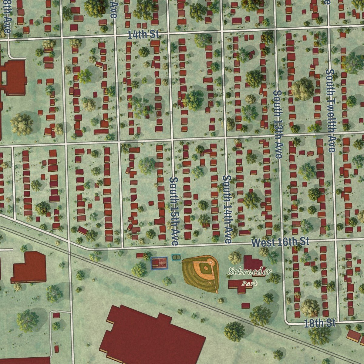 Second close-up of the map of Broadview, Illinois print showing more streets and buildings