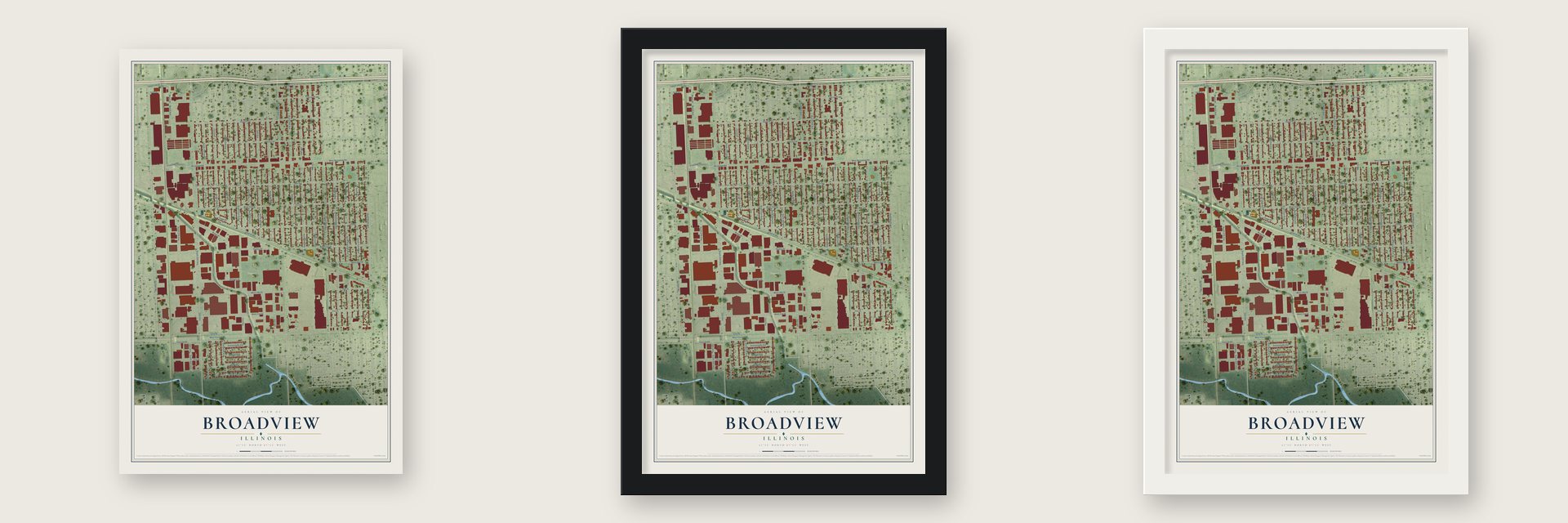 Broadview, Illinois map unframed, in a black wood frame and in a white wood frame