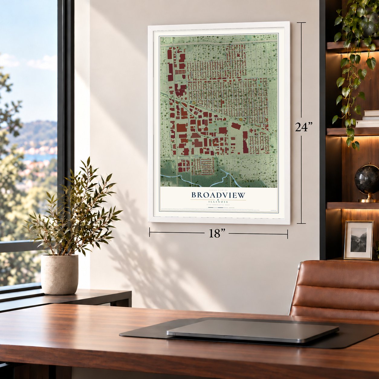 Broadview, Illinois map, 18 x 24 inch print in a white frame in a home office