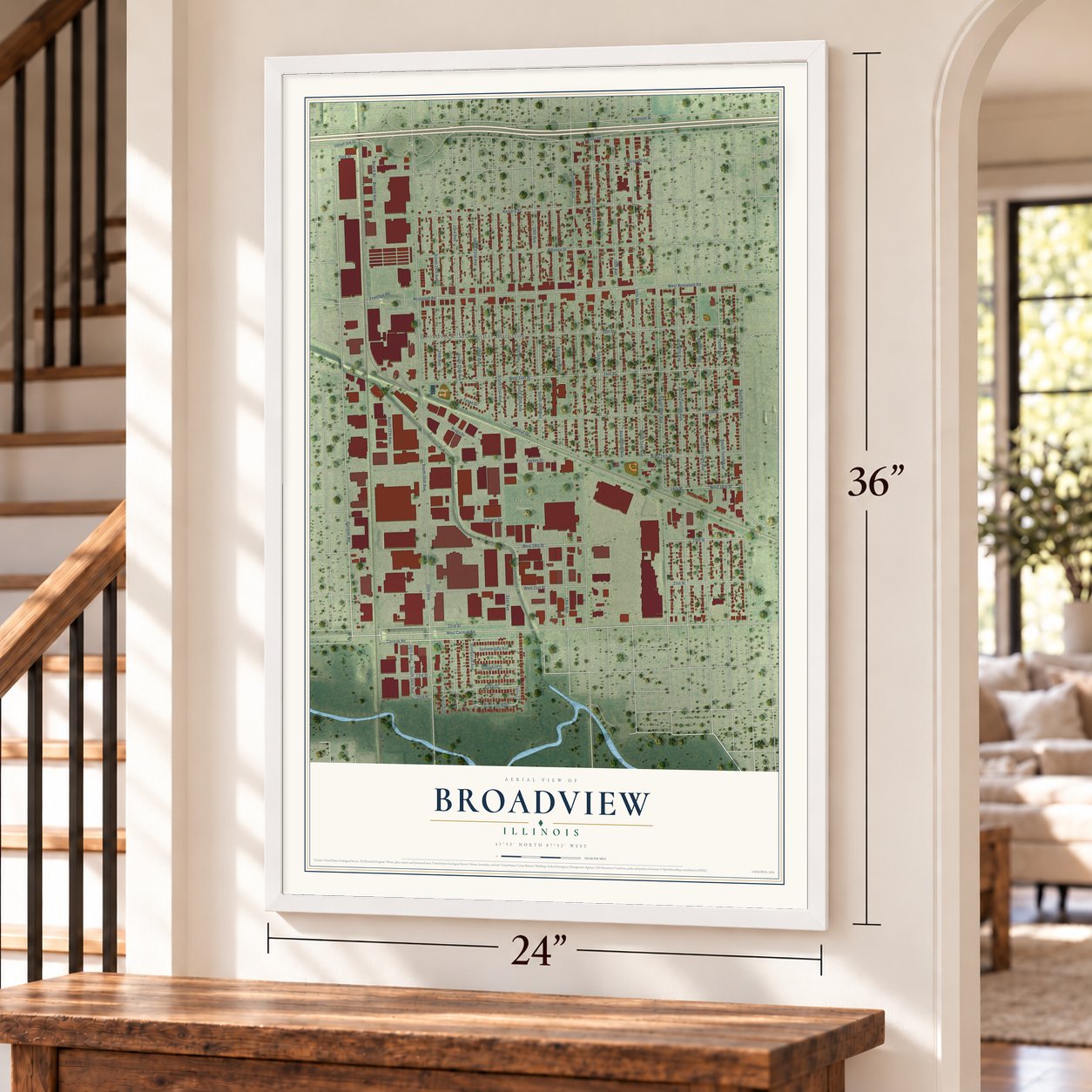 Broadview, Illinois map, 24 x 36 inch print in a white frame by a staircase