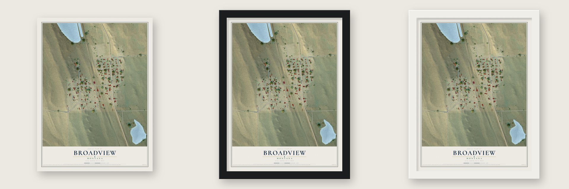 Broadview, Montana map unframed, in a black wood frame and in a white wood frame