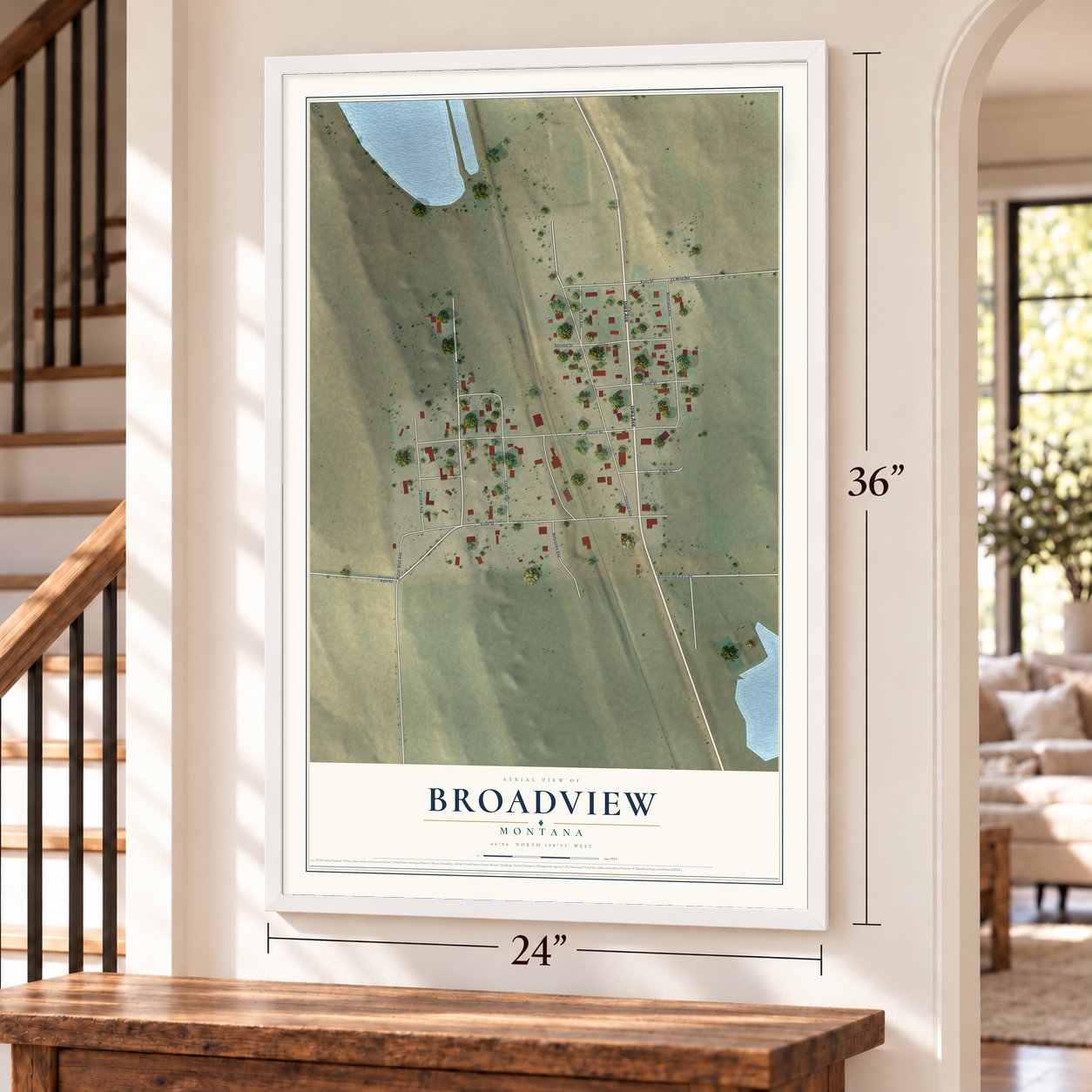 Broadview, Montana map, 24 x 36 inch print in a white frame by a staircase