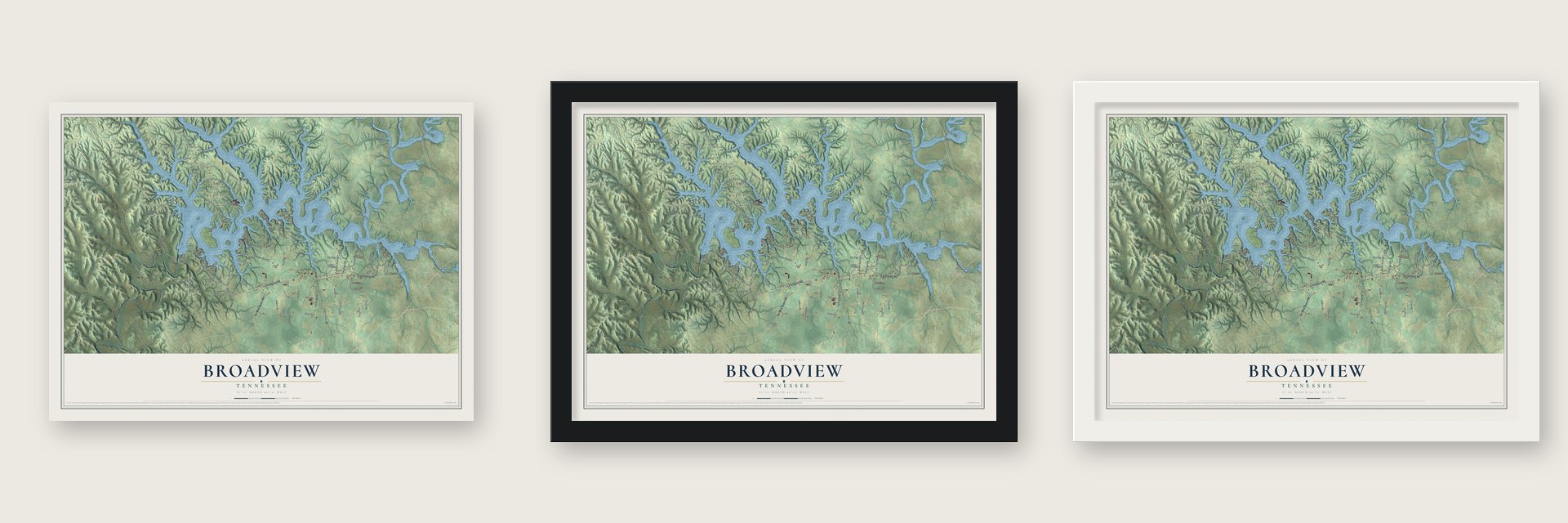 Broadview, Tennessee map unframed, in a black wood frame and in a white wood frame