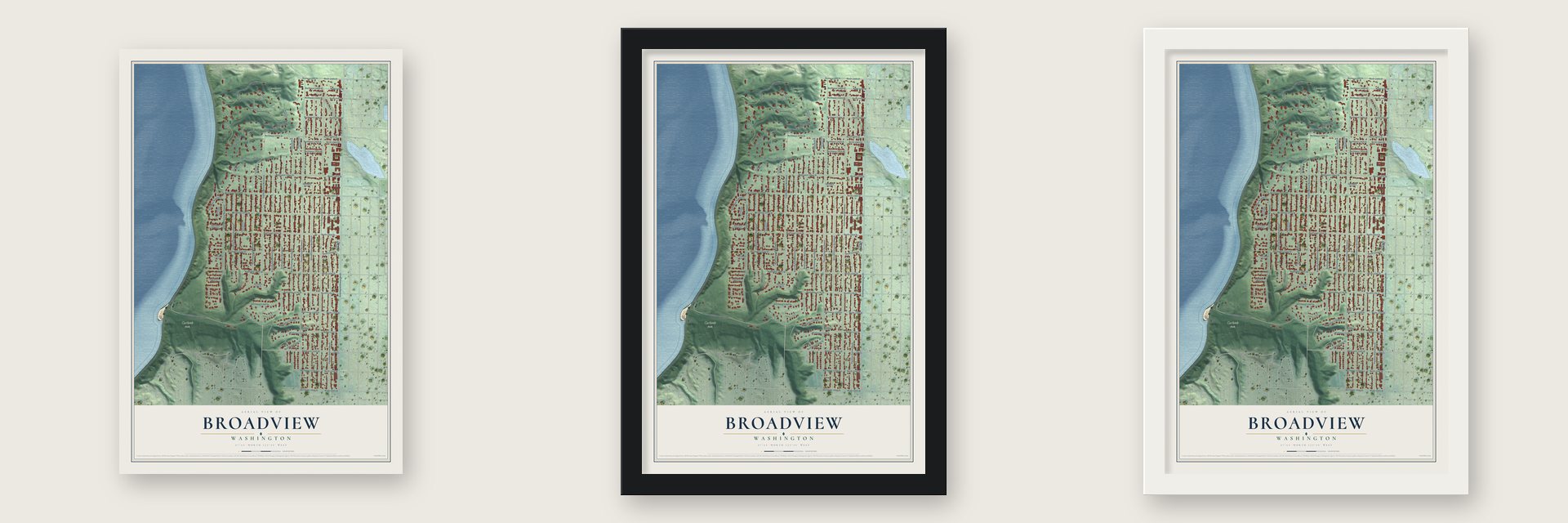 Broadview, Washington map unframed, in a black wood frame and in a white wood frame