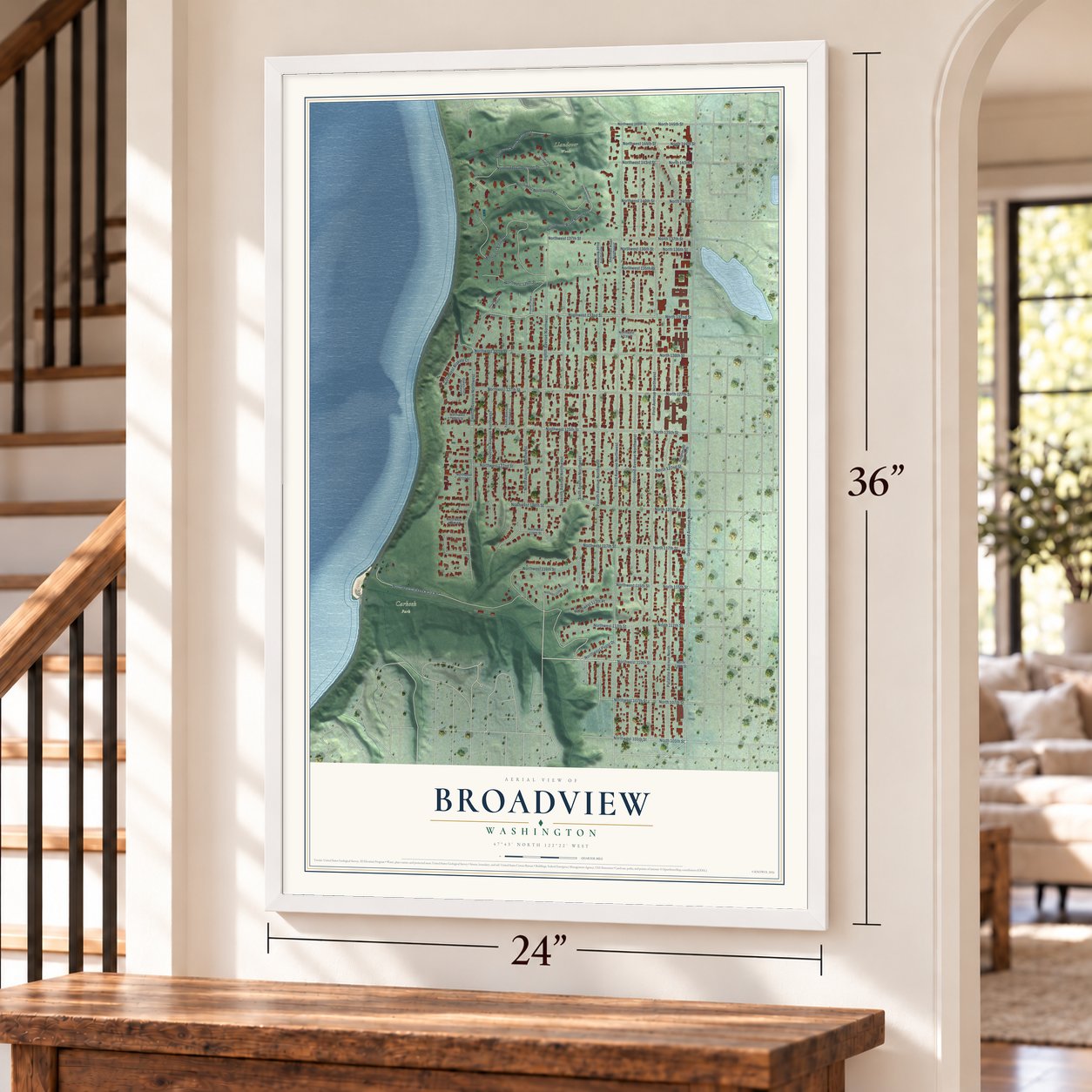 Broadview, Washington map, 24 x 36 inch print in a white frame by a staircase