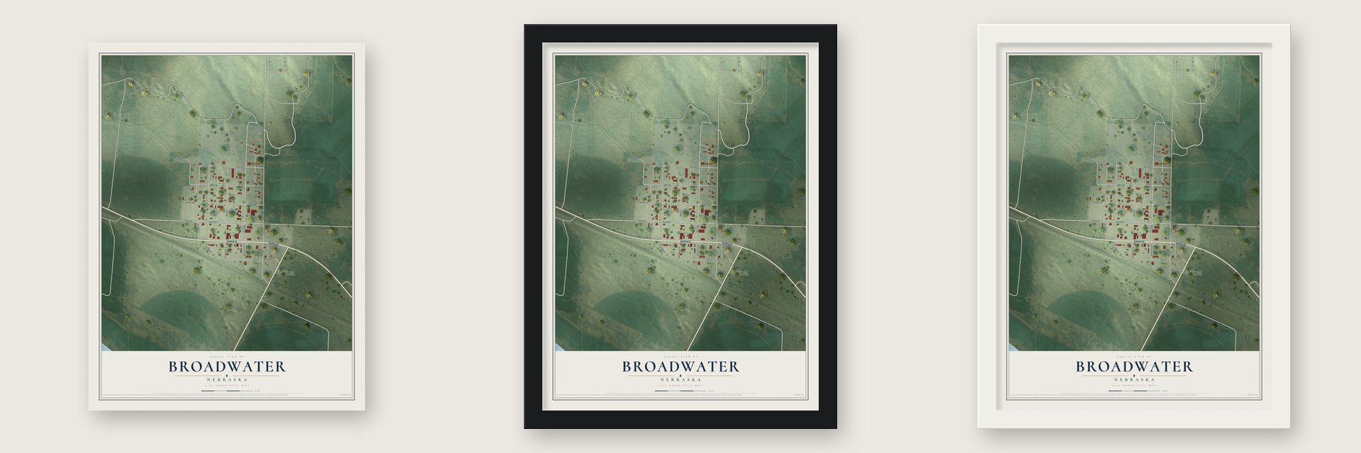 Broadwater, Nebraska map unframed, in a black wood frame and in a white wood frame
