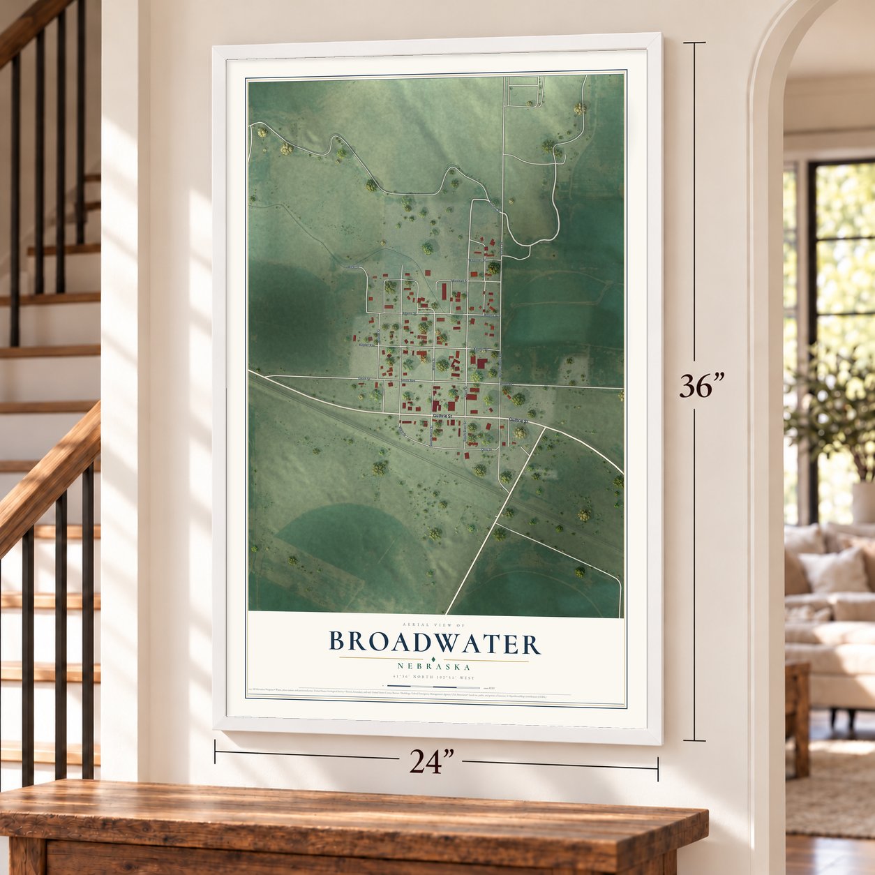 Broadwater, Nebraska map, 24 x 36 inch print in a white frame by a staircase