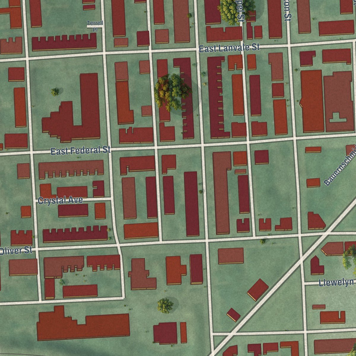 Second close-up of the map of Broadway East, Maryland print showing more streets and buildings