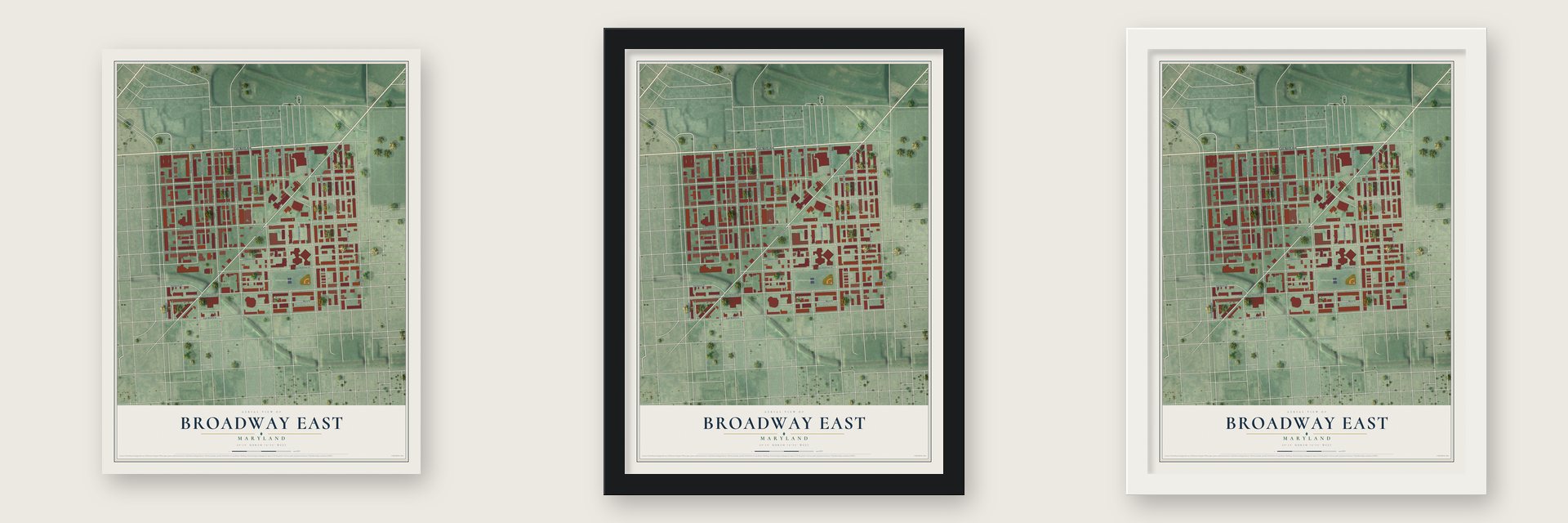 Broadway East, Maryland map unframed, in a black wood frame and in a white wood frame