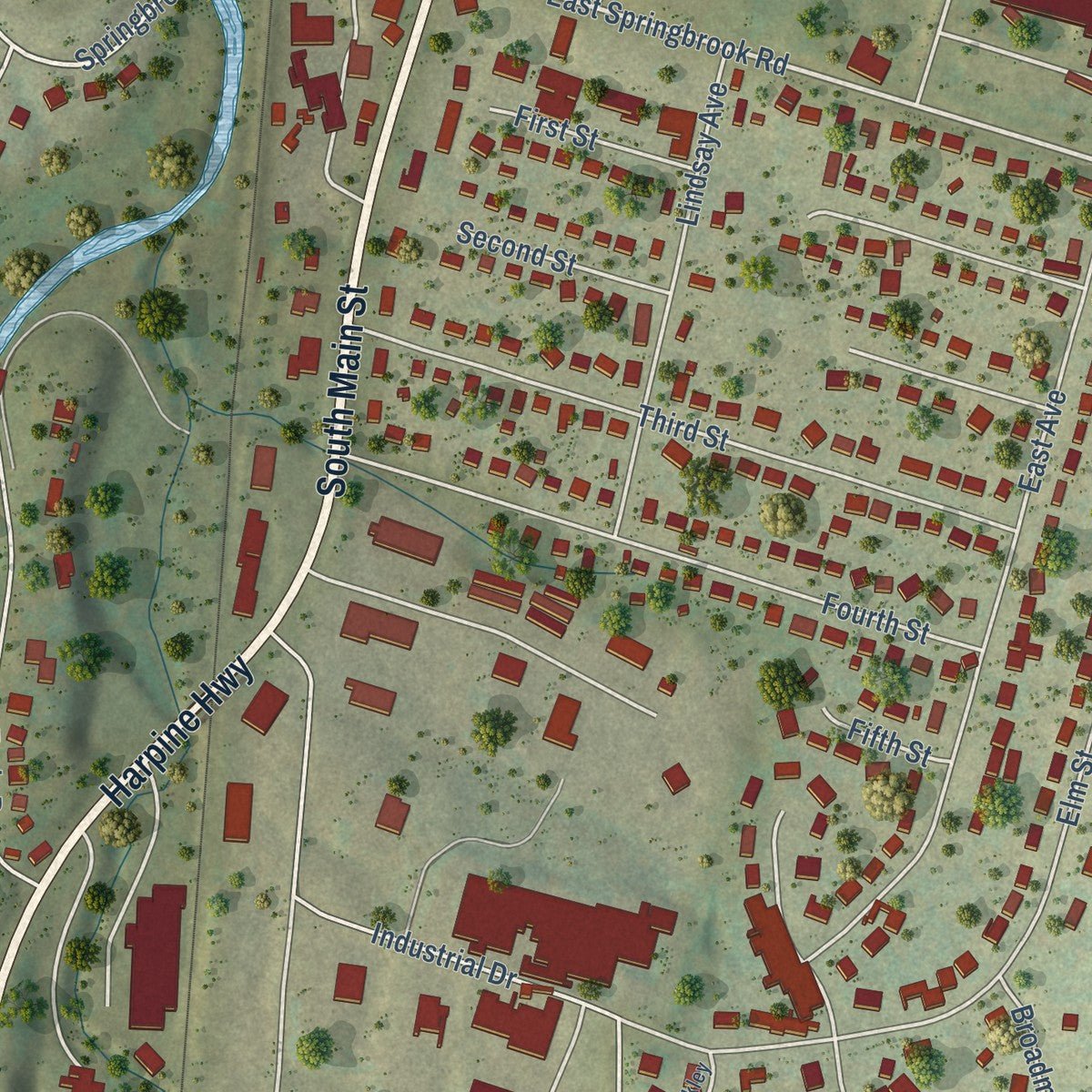 Second close-up of the map of Broadway, Virginia print showing more streets and buildings